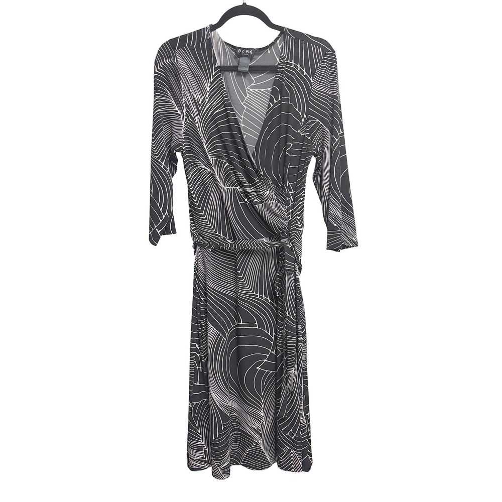 BCBG Paris Abstract Print Faux Wrap Black Dress White 3/4 Sleeve Jersey Large